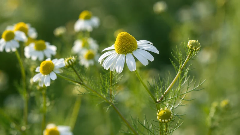 Close-up of German chamomile (Matricaria chamomilla) flowers.