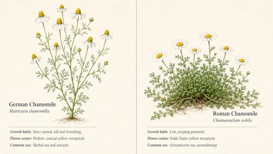 Side-by-side comparison of German chamomile and Roman chamomile flowers.