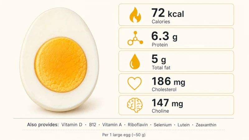 Nutrition facts for one large egg showing calories, protein, fat, cholesterol, and choline