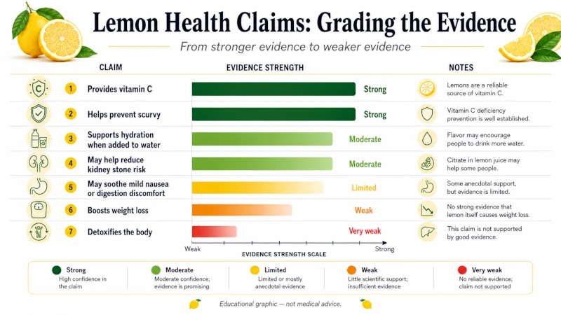 Bar chart grading lemon health benefits claims from strong to weak evidence.