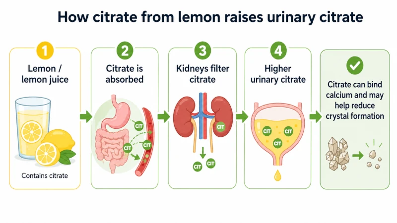 Simple diagram of how citrate from lemon raises urinary citrate.