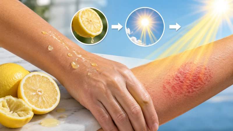 Illustration of lemon juice on skin plus sunlight leading to a rash.