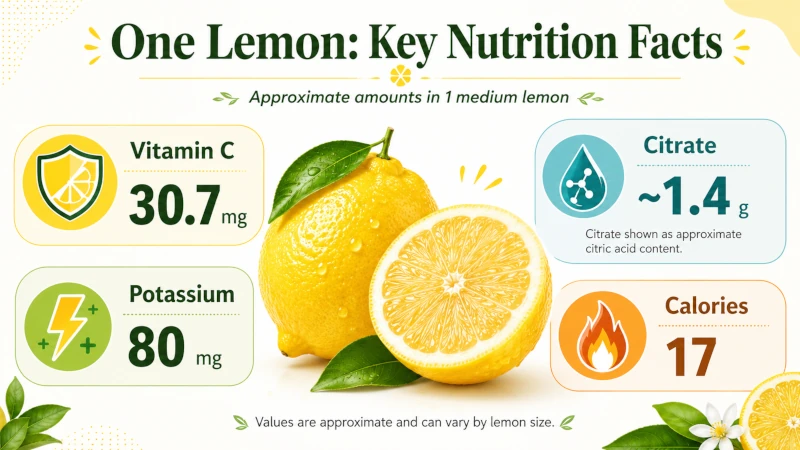 Infographic of one lemon's vitamin C, citrate, potassium, and calories.