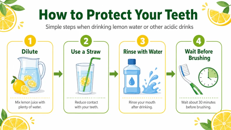 Step diagram: dilute, use a straw, rinse with water, wait before brushing.