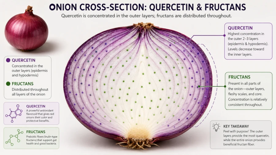 Cross-section diagram of an onion showing quercetin in the outer layers and fructans throughout