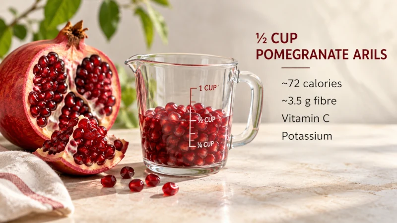 Half cup of pomegranate arils with calories fibre vitamin C and potassium