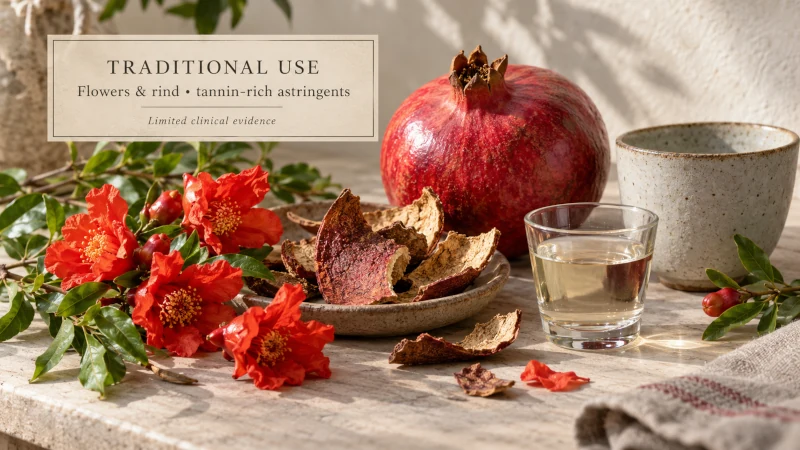 Pomegranate flowers and fruit rind representing traditional astringent uses