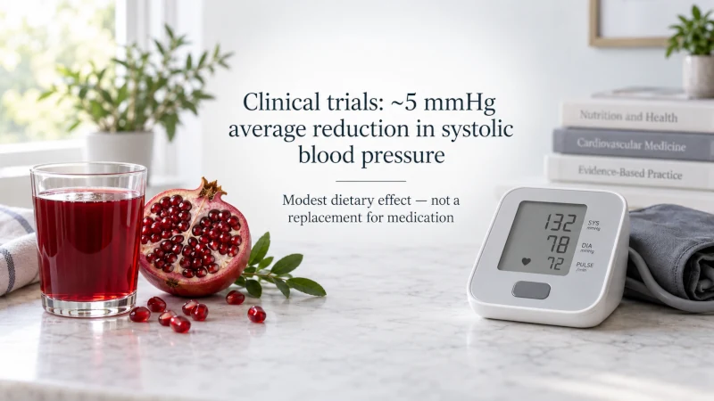 Pomegranate juice beside blood pressure monitor showing modest evidence-based benefit