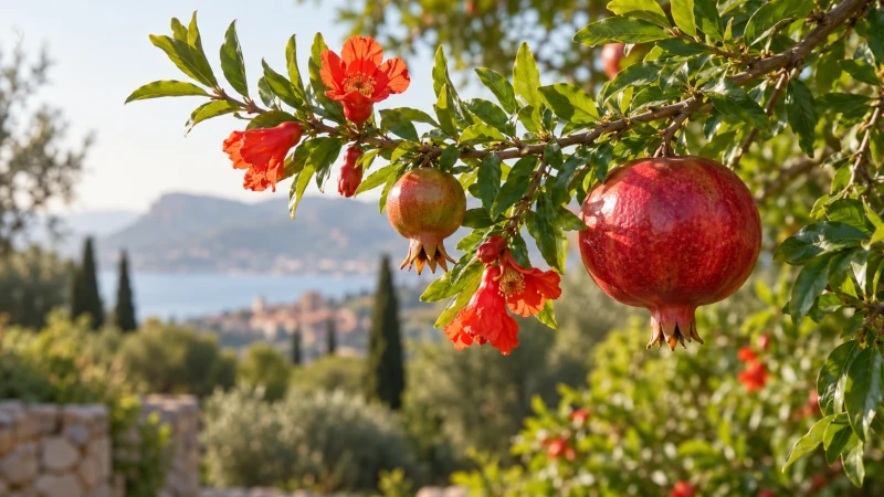 Pomegranate tree branch with red flowers and ripe pomegranate fruit