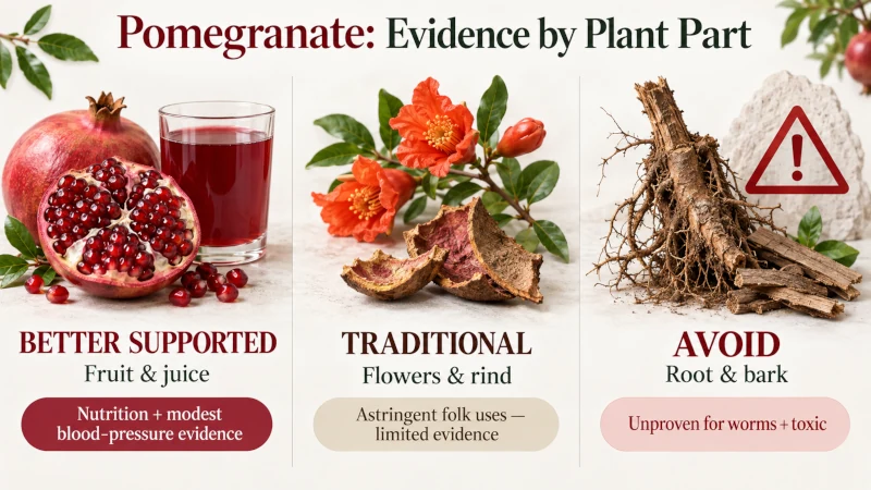Pomegranate fruit, flowers and bark grouped by evidence and safety