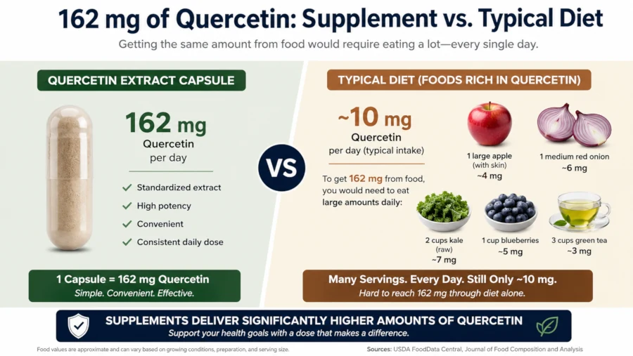 Comparison showing 162 mg daily quercetin from an extract capsule versus about 10 mg from a typical diet