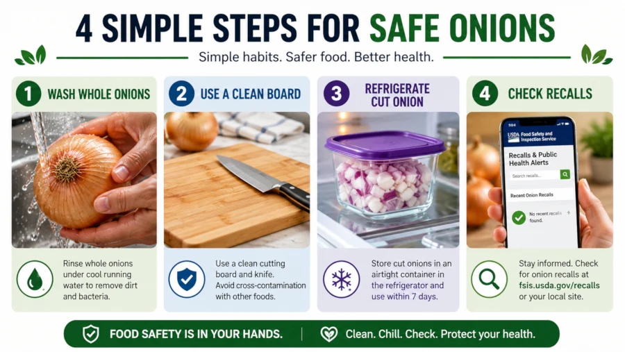 Four-step food safety graphic: wash whole onions, use a clean board, refrigerate cut onion, check recalls