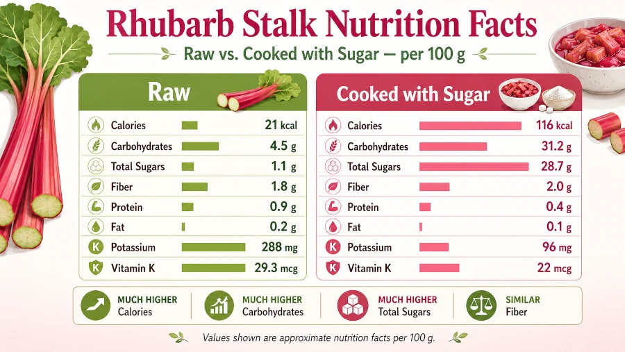 Chart of rhubarb stalk nutrition facts, raw versus cooked with sugar.