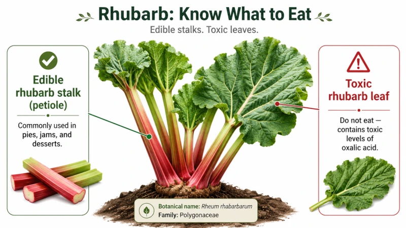 Diagram comparing the edible rhubarb plant stalk to the toxic rhubarb leaf.