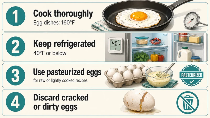 Four egg safety steps showing thorough cooking, refrigeration, pasteurized eggs, and discarding cracked eggs