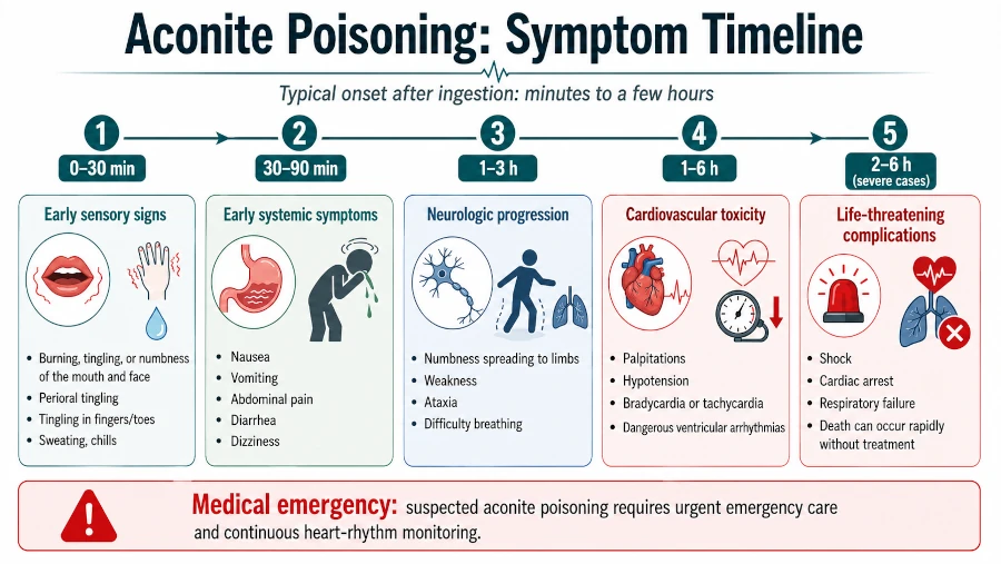 Timeline of aconite poisoning symptoms from early tingling to cardiac effects.