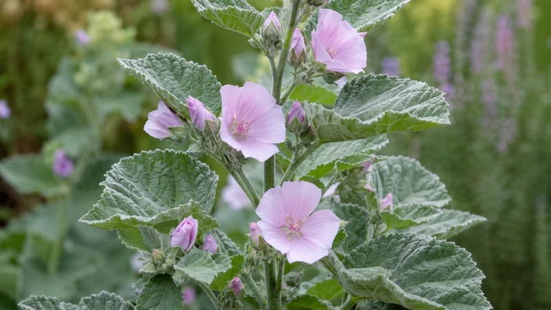 Althea plant (Althaea officinalis) in flower, showing pale pink five-petalled blooms and velvety grey-green leaves