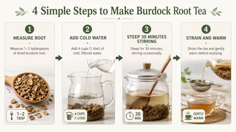 Four-step diagram: measure root, add cold water, steep 30 minutes stirring, strain and warm
