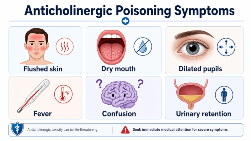Chart listing anticholinergic poisoning symptoms: flushed skin, dry mouth, dilated pupils, fever, confusion, urinary retention