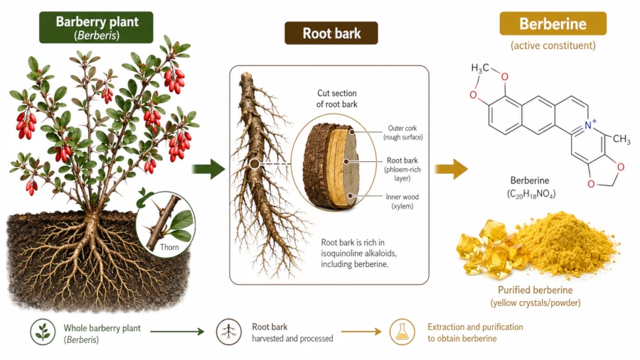 Diagram showing barberry plant, its root bark, and the berberine compound extracted from it.