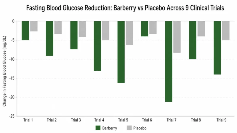 Bar chart showing fasting blood glucose reduction in barberry versus placebo groups across nine clinical trials.