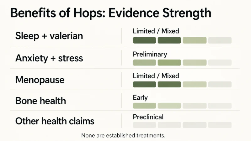 Evidence guide showing limited or preliminary research for sleep, stress, menopause, bone health, and other proposed hops benefits