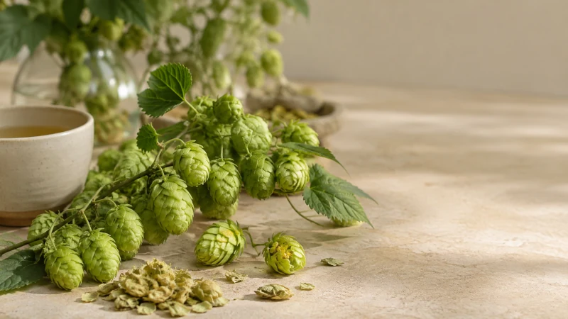 Fresh green hops cones with dried hops and herbal tea representing the potential health benefits of hops