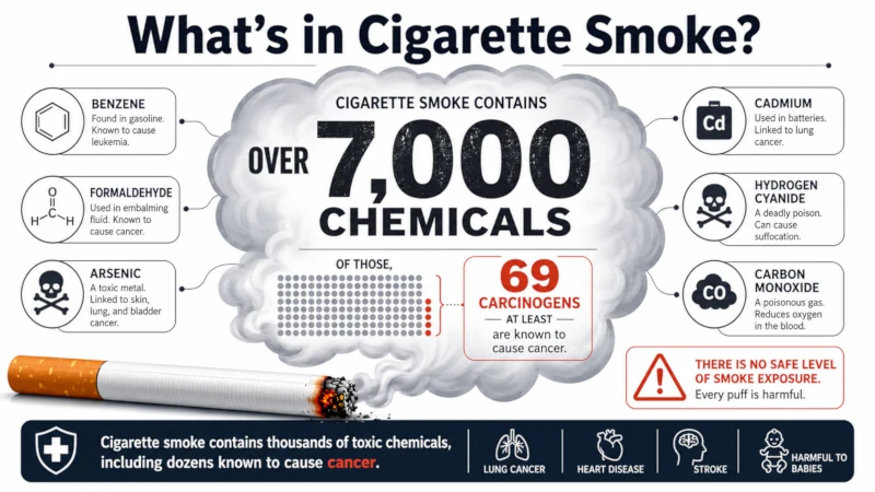Diagram showing over 7,000 chemicals in cigarette smoke, at least 69 of them carcinogens