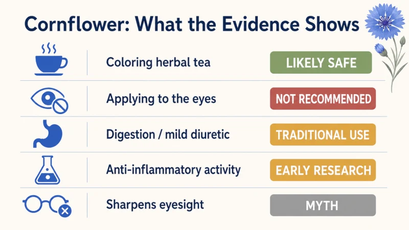 Cornflower evidence chart comparing tea use, eye use, digestive traditions, laboratory research, and eyesight claims.