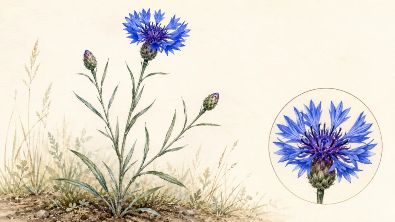 Blue cornflower plant with fringed flower head, wiry stem, buds, and narrow gray-green leaves.