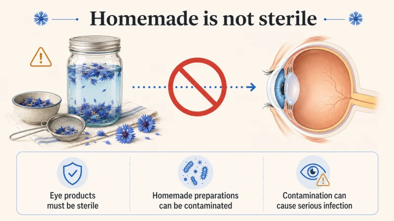 Safety illustration showing that homemade cornflower water should not be used as eye drops because it is not sterile.