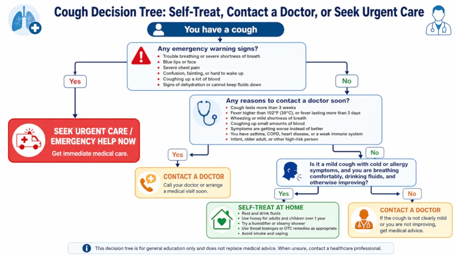 Decision tree showing when a cough can be self-treated and when to contact a doctor or seek urgent care