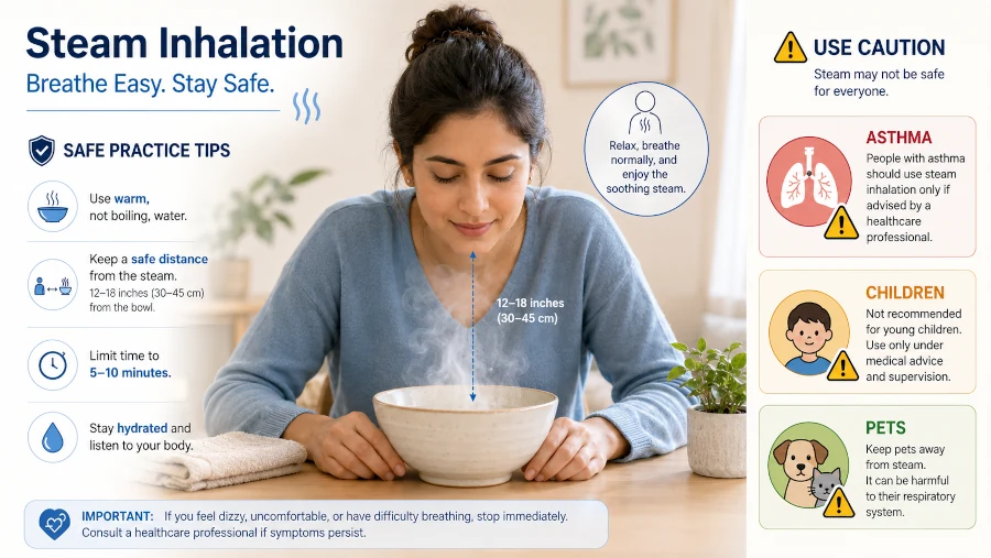 Adult using gentle steam while warning icons show asthma, children, and pets