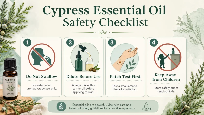 Cypress essential oil safety checklist showing do not swallow, dilute, patch test, and avoid children