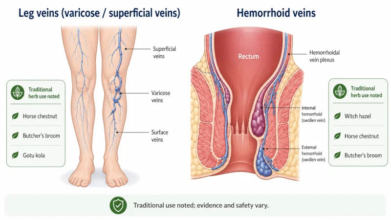 Simple diagram of leg veins and hemorrhoid veins with traditional herb use noted