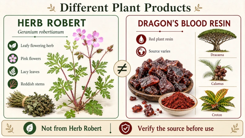 Graphic showing Herb Robert and dragon’s blood resin as different plant products.