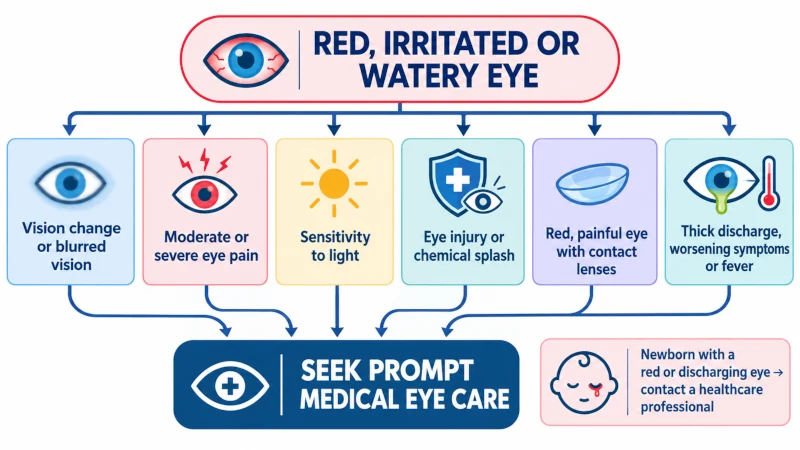 Eye symptom decision guide showing when pain, vision changes, light sensitivity and contact lens symptoms need medical care