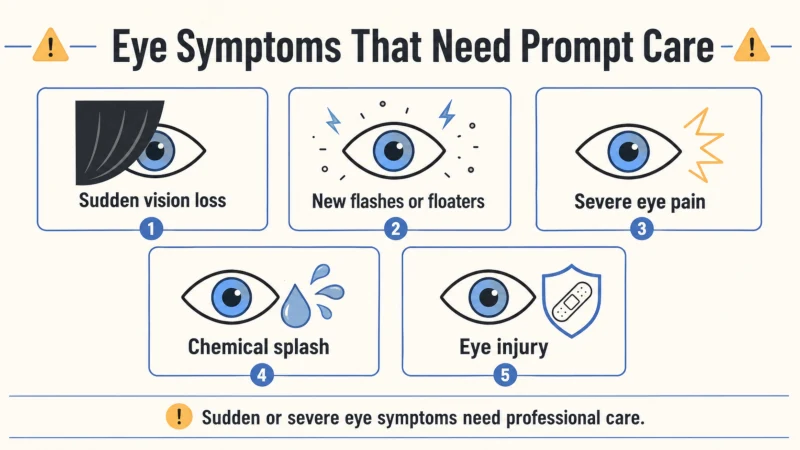 Eye health warning graphic showing sudden vision loss, flashes or floaters, severe eye pain, chemical exposure, and injury.