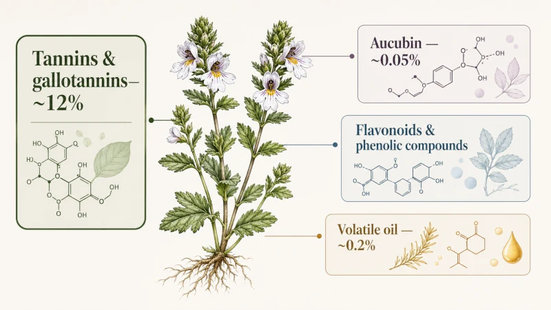 Diagram of eyebright constituents including tannins, aucubin, flavonoids and volatile oil