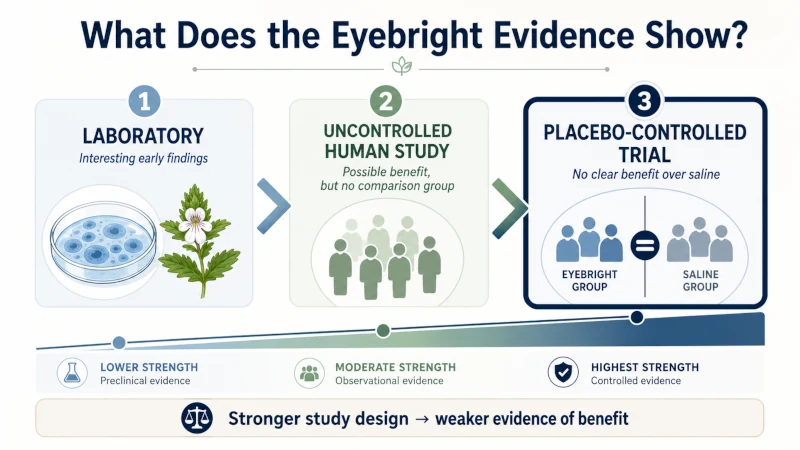 Evidence chart showing laboratory findings for eyebright but little convincing benefit in controlled human trials