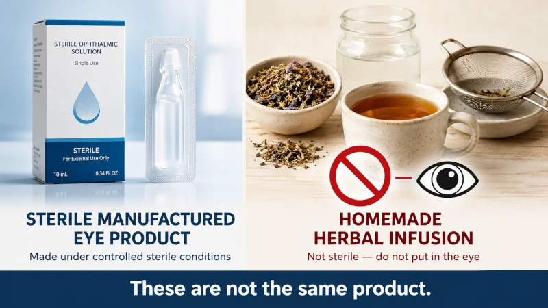 Safety graphic showing that homemade eyebright tea or herbal infusions should not be placed in the eye