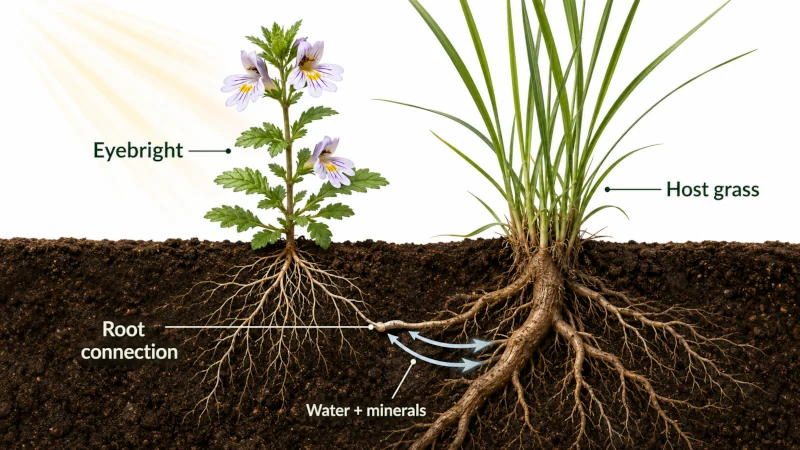 Diagram showing eyebright roots attached to a neighboring grass root while the plant photosynthesizes above ground