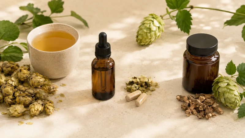 Dried hops cones, hops tea, tincture bottle, supplement capsules, and a valerian hops blend