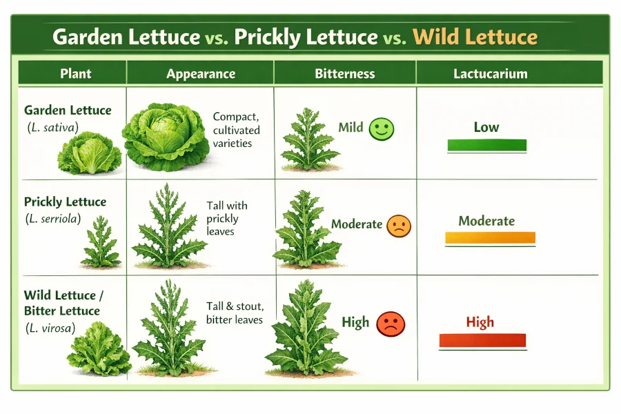 Comparison chart showing differences between garden lettuce, prickly lettuce and wild lettuce in appearance, bitterness and lactucarium content.