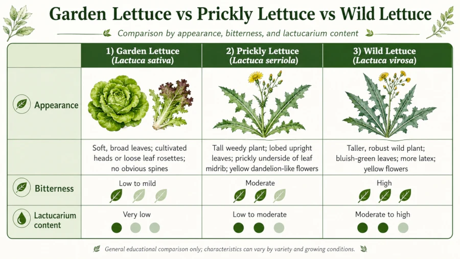 Comparison chart of garden lettuce, prickly lettuce and wild lettuce by appearance, bitterness and lactucarium content.