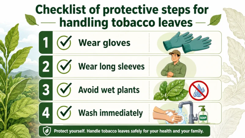 Checklist of protective steps for handling tobacco leaves: gloves, long sleeves, avoid wet plants, wash immediately