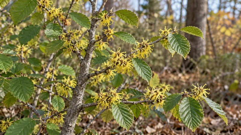 Hamamelis virginiana witch hazel shrub with leaves, bark, branches, and yellow flowers