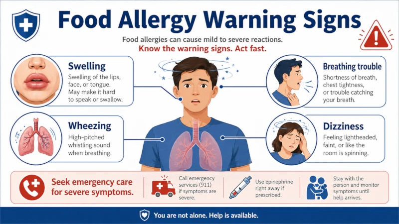 Food allergy warning signs including swelling, wheezing, breathing trouble, and dizziness