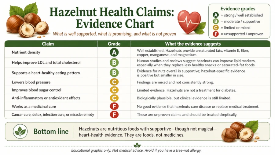 Chart grading evidence for hazelnut benefits, nutrition, heart health, and unproven medicinal claims