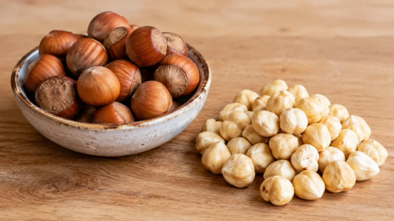 A small bowl of whole hazelnuts beside shelled hazelnuts